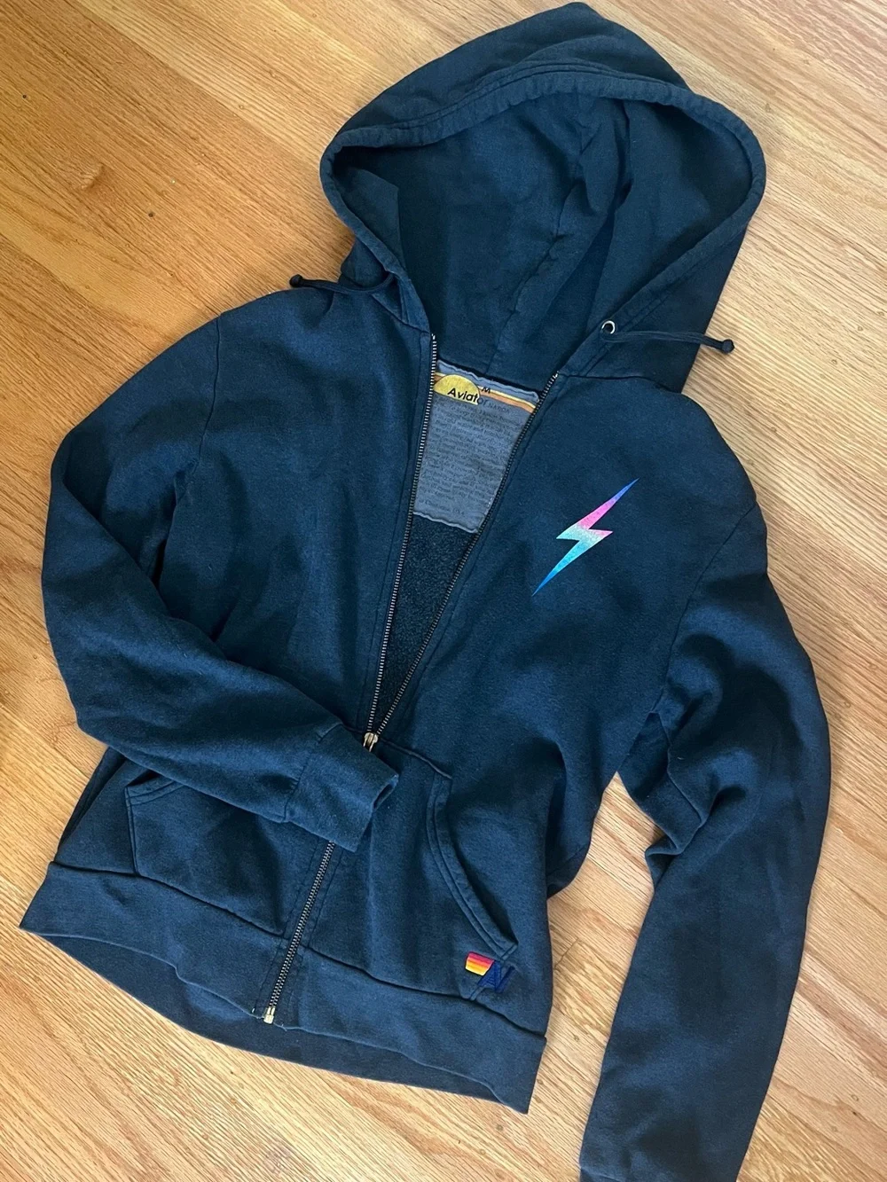 Aviator Nation Charcoal Zip Hoodie with Rainbow Lightning Bolt - Picture 9 of 9